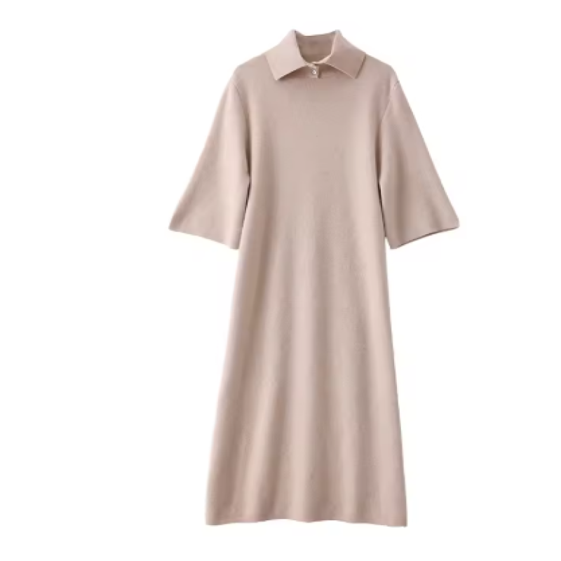 Women's high-end brand cashmere dress, thick five-sleeve lapel long dress for autumn and winter, polo collar mid-sleeve dress